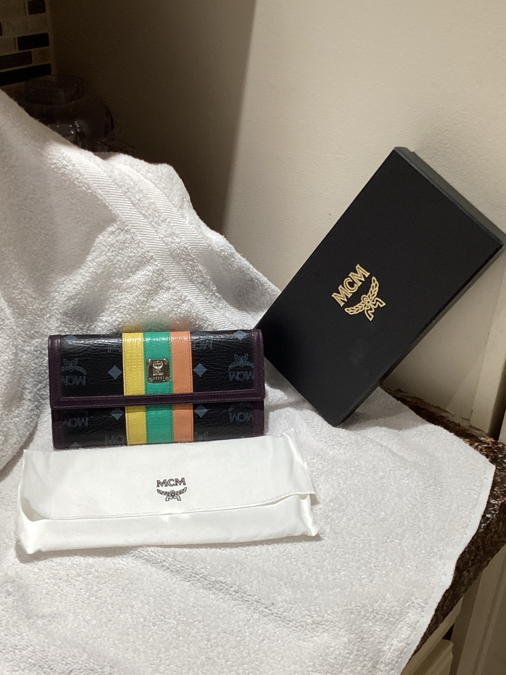 MCM Black Tricolor Stripe Continental Wallet with Gold Hardware